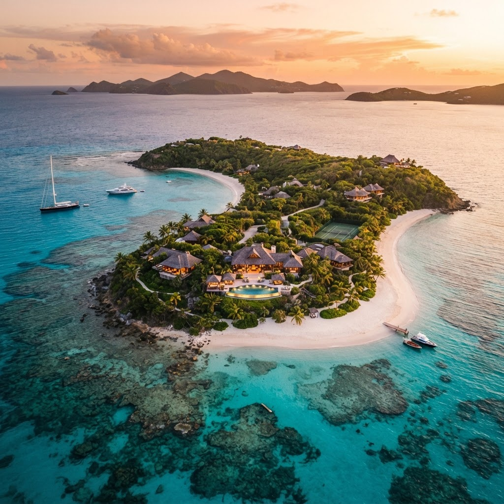 Aerial view of Necker Island at golden hour surrounded by turquoise Caribbean waters